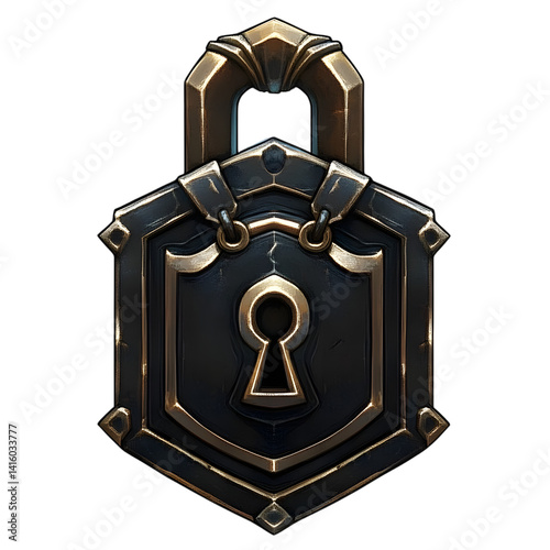Vintage Bronze Padlock with Keyhole and Shield Design on Black for Security Concepts and Antique Visuals