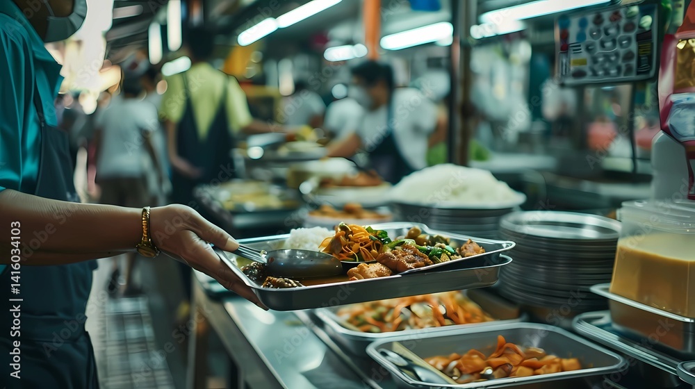 A hands carrying a tray of food at Singapore hawker centre looking for a table, Generative AI illustrations.