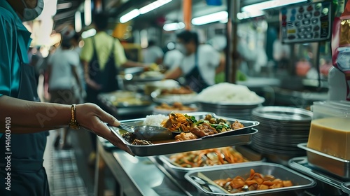 Obraz na płótnie A hands carrying a tray of food at Singapore hawker centre looking for a table, Generative AI illustrations. w salonie