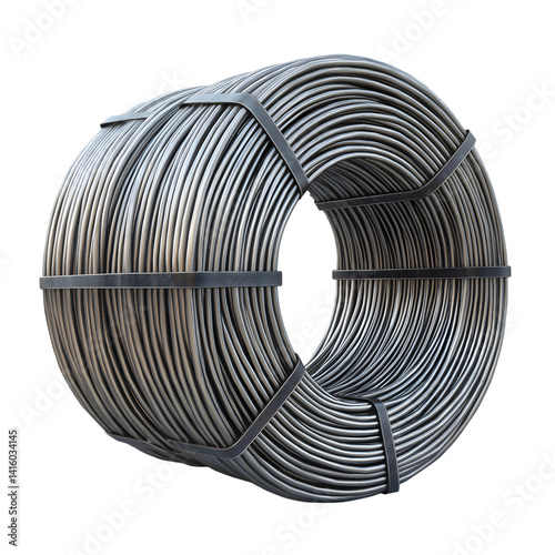 Coiled Steel Wire Roll with Metallic Shine on Black for Industrial Manufacturing and Construction Graphics