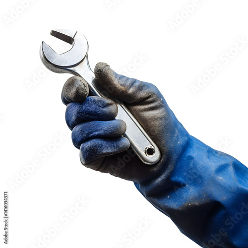 Close-up of a Gloved Mechanic Hand Firmly Holding a Shiny Adjustable Wrench