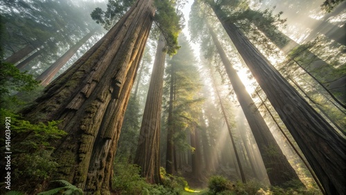Towering redwoods illuminated by soft, ethereal light.