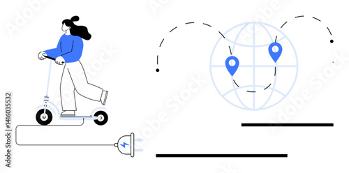 Woman riding an electric scooter connected to a charger, with globe and location pins hinting global connectivity and sustainable transport. Ideal for mobility, energy, sustainability, navigation