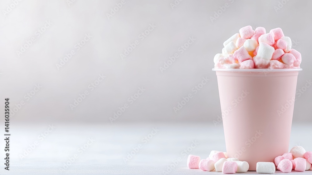 Pink cup filled with colorful marshmallows Pink cup filled with colorful marshmallows
