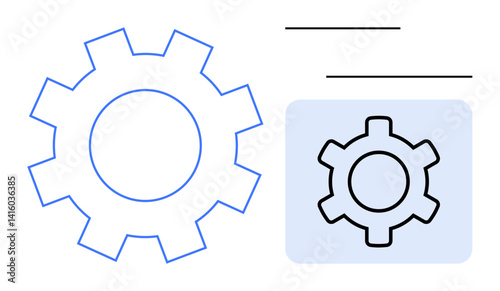 Gear outline alongside a bold gear icon illustrated with text lines. Ideal for technology, settings, tools, automation, optimization, development, simple landing page