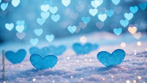 Blue heart shaped objects on snow with heart shaped bokeh in the background on a light blue background