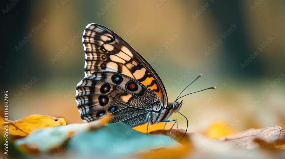 Fototapeta premium Autumn butterfly forest closeup leaf macro nature