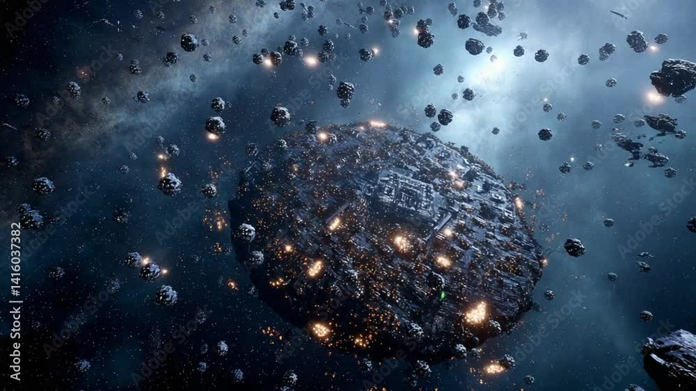 Space Station Navigating Through Asteroid Field in Outer Space Generative AI