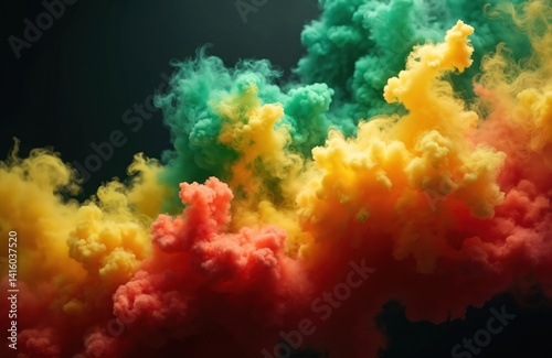 Colorful abstract smoke explosion on black background. Green yellow red smoke cloud waves. Reggae concept art, Rastafarian culture, Jamaica flag colors.