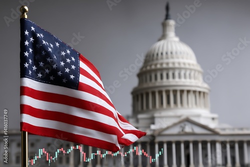 Capitol with flag and graph highlights US debt and economy  
