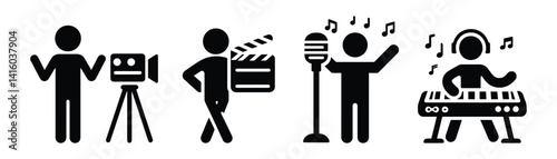 stickman icon, cinema cameraman, performance, singer and musician, keyboard musical instrument, sticks figure people isolated silhouettes