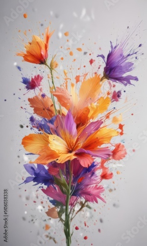 Exploding watercolor flower petals, vibrant hues, painterly, design, burst, bloom