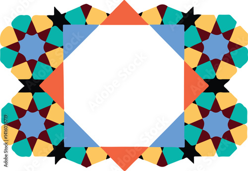 Islamic Geometric Frame: A vibrant and intricate Islamic geometric frame, featuring a captivating blend of teal, orange, and maroon hues, creates a visually stunning border for your design projects.