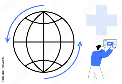 Globe with circular arrows for global exchange, man holding media screen, and health cross. Ideal for technology, multimedia, healthcare, education, communication, global networking simple landing