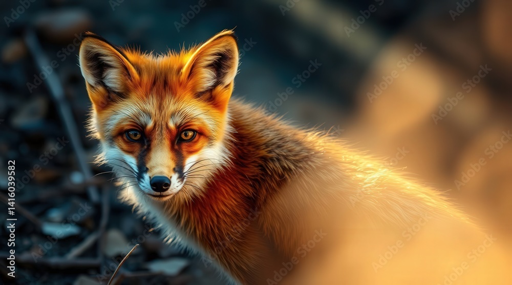 Fototapeta premium Majestic red fox gazing intensely in the golden light.