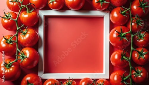 Fresh ripe red tomatoes with green stems frame white square on vibrant background. Food composition features raw vegetables. Modern design for restaurant menu, healthy food blogs, culinary projects,