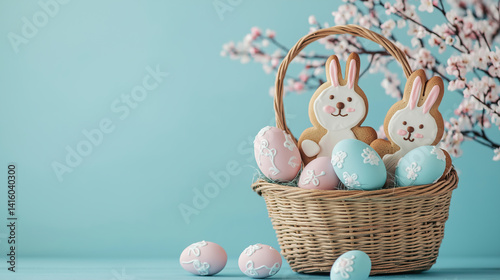Festive Easter basket with decorated sugar cookies shaped as bunny , pink eggs