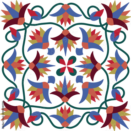 Floral Textile Design:  A vibrant and symmetrical textile design featuring stylized flowers in shades of red, orange, blue, and purple, set against a white background.