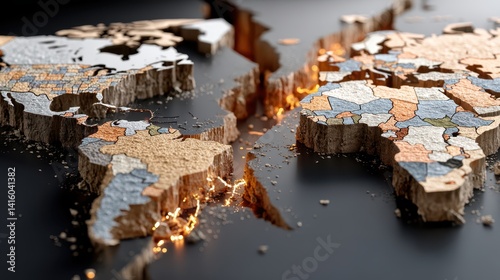 Global Divide: Earth Map Fragmenting with Glowing Cracks, Symbolic of Discord and Shifting Landscapes