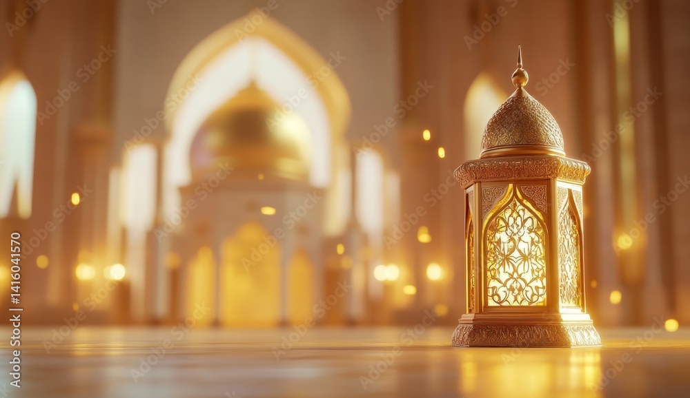 Fototapeta premium Golden lantern in a mosque. Soft, warm light illuminates the interior