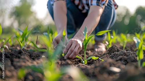 A farmer examining corn plant in field, agricultural activity at cultivated land, woman agronomist inspecting maize seedling, Generative AI illustrations.