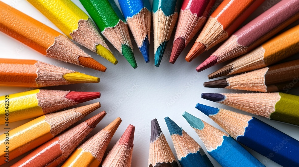 Colorful pencils arranged in a circular pattern on a white background. Colorful pencils arranged in a circular pattern on a white background.