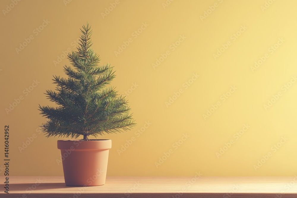 Fototapeta premium Small christmas tree in terracotta pot against a pale yellow wall.