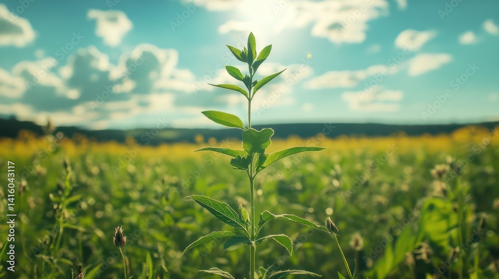 Fototapeta premium Plant growing, sunny field, rural landscape, agriculture, spring