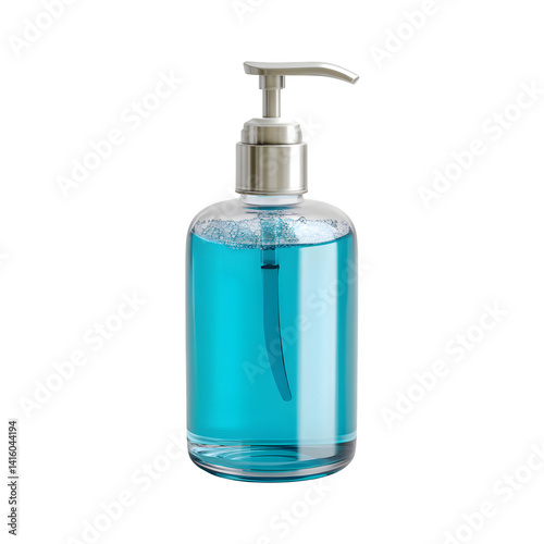 Clear Glass Bottle of Blue Liquid Soap with Pump Dispenser for Bathroom Hygiene