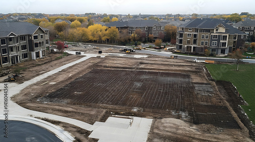 Aerial view of a construction site with freshly graded land, surrounded by residential buildings and autumn foliage