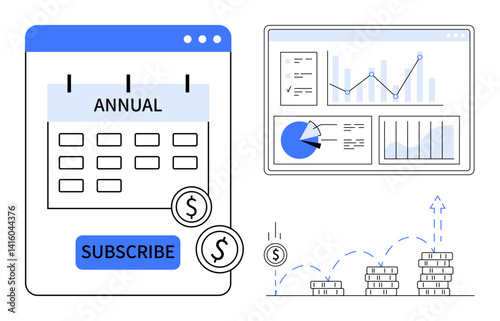 Annual calendar plan with a subscription button, financial graphs, pie chart, and stock growth trends. Ideal for subscription services, finance, budgeting, analytics, economy investment and simple