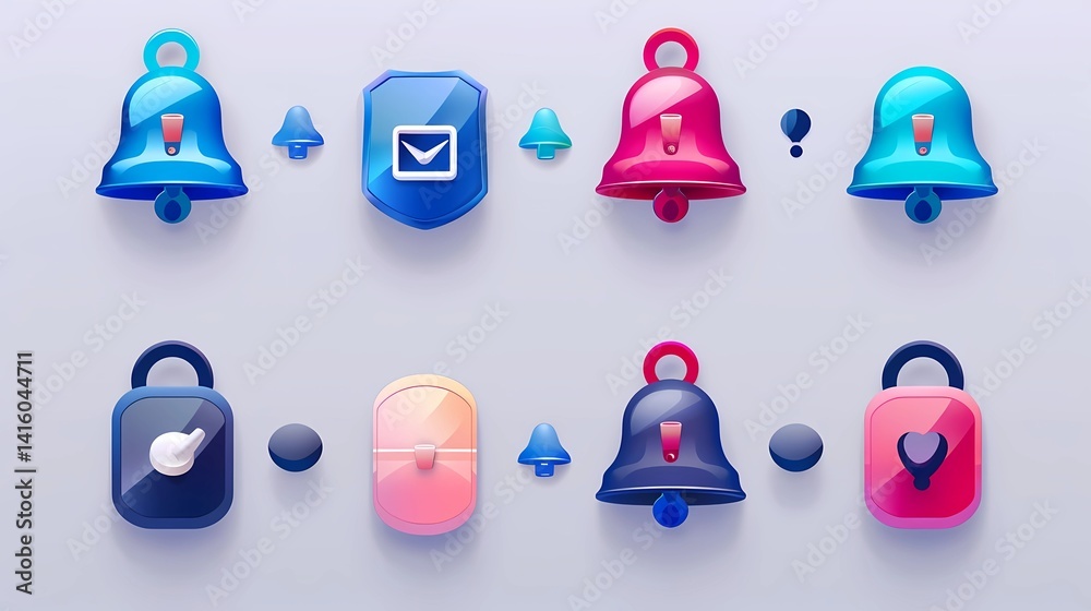 A notification bell icon set, Incoming inbox message, ringing bell, reminder or subscriber sign for apps, smartphone, alarm alert, Generative AI illustrations.