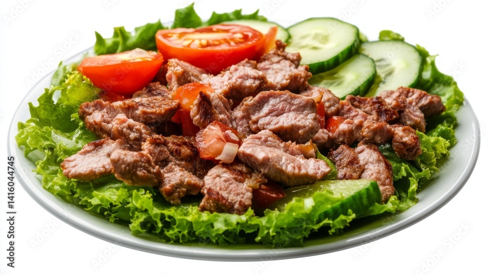 Grilled meat salad with fresh vegetables. A plate of sliced grilled meat, topped with fresh lettuce, cherry tomatoes, and cucumber slices Grilled meat salad with fresh vegetables. A plate of sliced grilled meat, topped with fresh lettuce, cherry tomatoes, and cucumber slices
