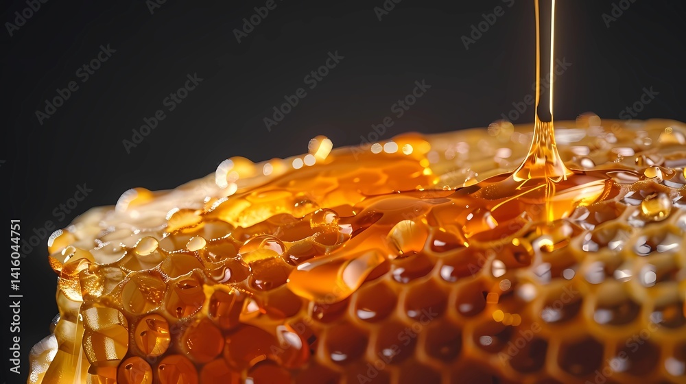 Honey dripping from honeycomb visible in detail against a black background, Generative AI illustrations.