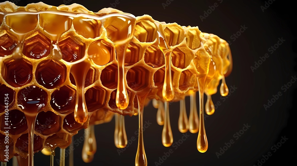 Honey dripping from honeycomb visible in detail against a black background, Generative AI illustrations.
