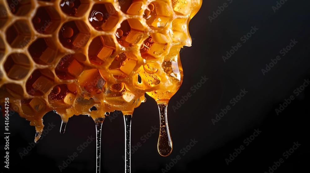 Honey dripping from honeycomb visible in detail against a black background, Generative AI illustrations.