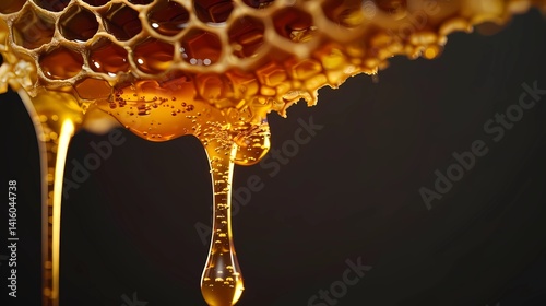 Obraz na płótnie Honey dripping from honeycomb visible in detail against a black background, Generative AI illustrations. w salonie