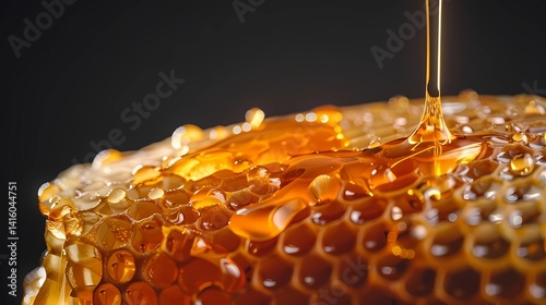 Obraz na płótnie Honey dripping from honeycomb visible in detail against a black background, Generative AI illustrations. w salonie