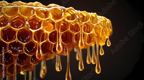 Obraz na płótnie Honey dripping from honeycomb visible in detail against a black background, Generative AI illustrations. w salonie