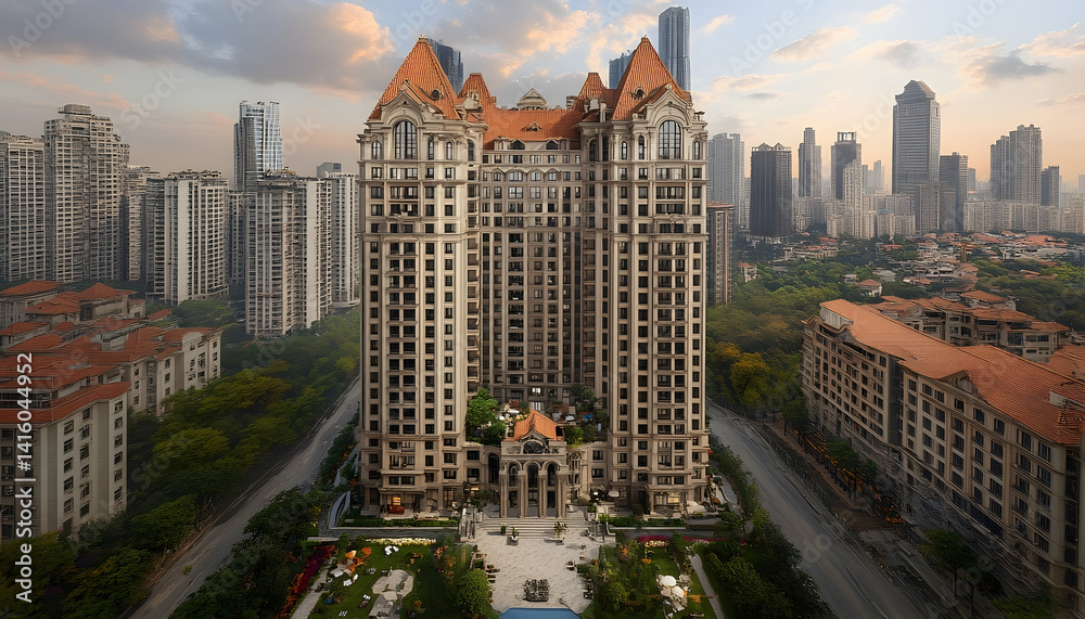 Fototapeta premium Aerial view of a modern residential building surrounded by urban landscape and greenery