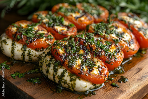 Grilled tomatoes and cheese garnished with herbs on a wooden board, showcasing a rustic kitchen setting