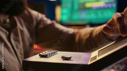 Sound engineer operating on motorized faders controller in professional studio, editing and mixing tracks to create a song. Audio technician works with sliders and soundboard panel. Camera B.