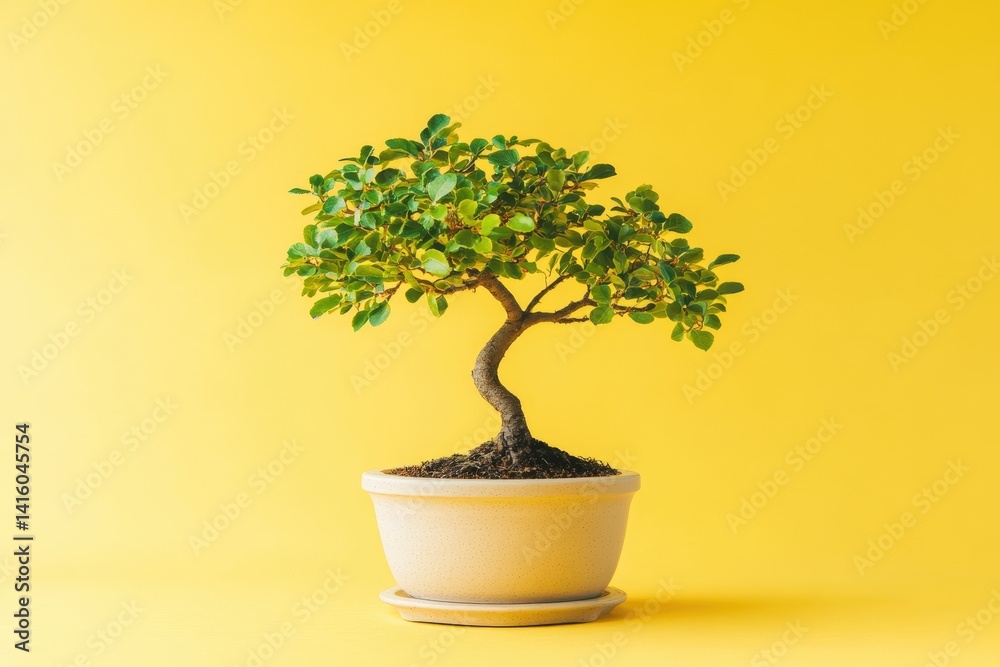 Obraz premium Potted bonsai tree against a vibrant yellow background.