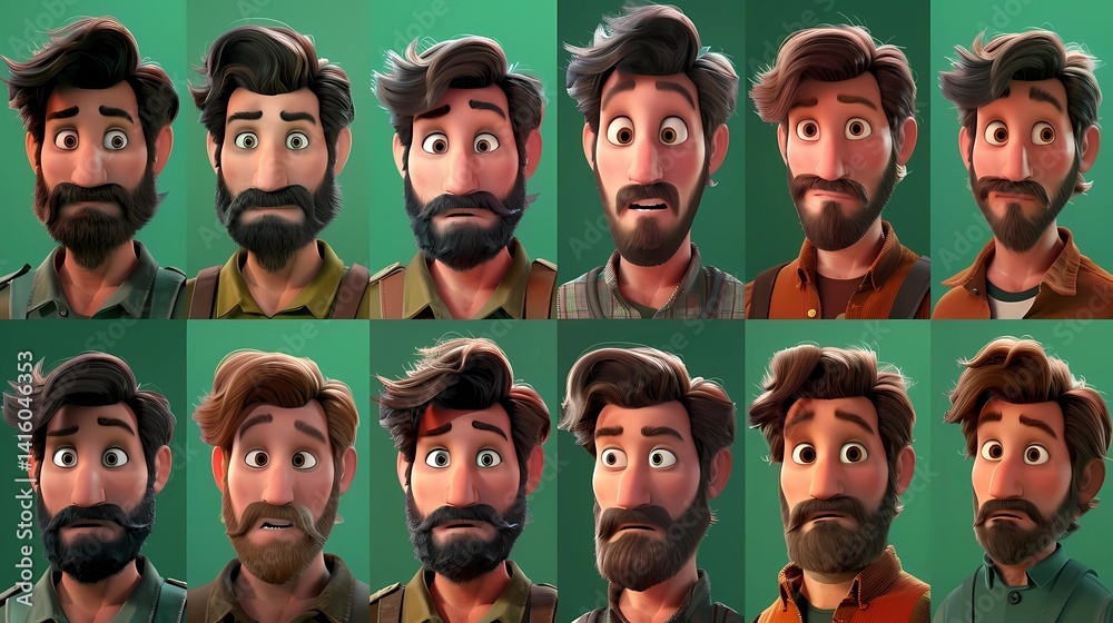 An images of the same man with different hairstyles and different beards, with a green screen background, Generative AI illustrations.