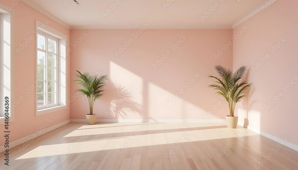 Serene interior space: Blush walls meet sunlight and potted greenery