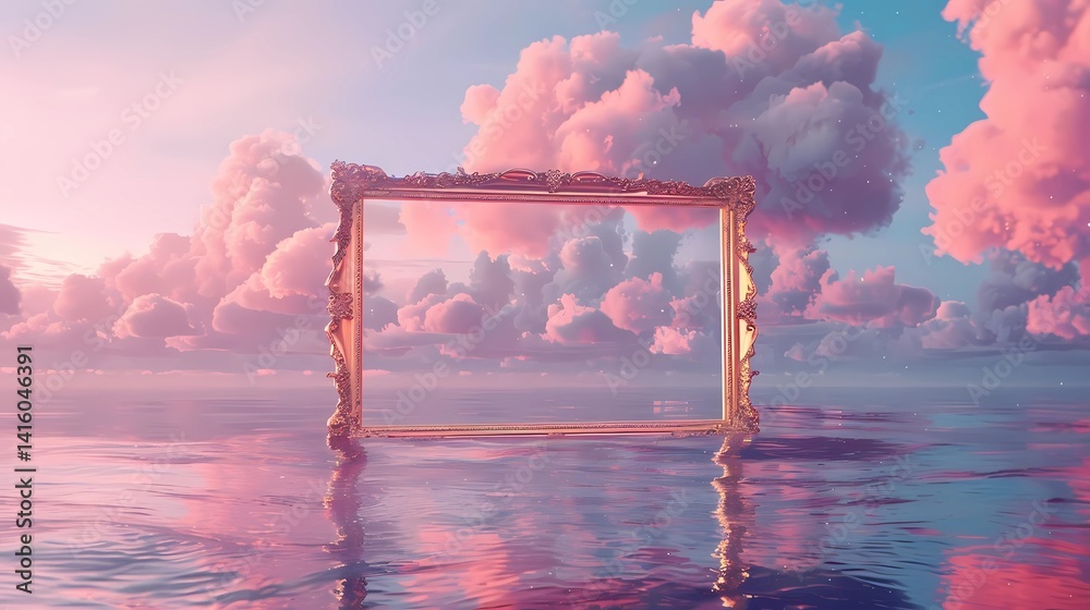 A dreamy fantasy scene, symmetrical straight on shot, empty gold baroque frame in the ocean, design mockup template, golden ratio, Generative AI illustrations.