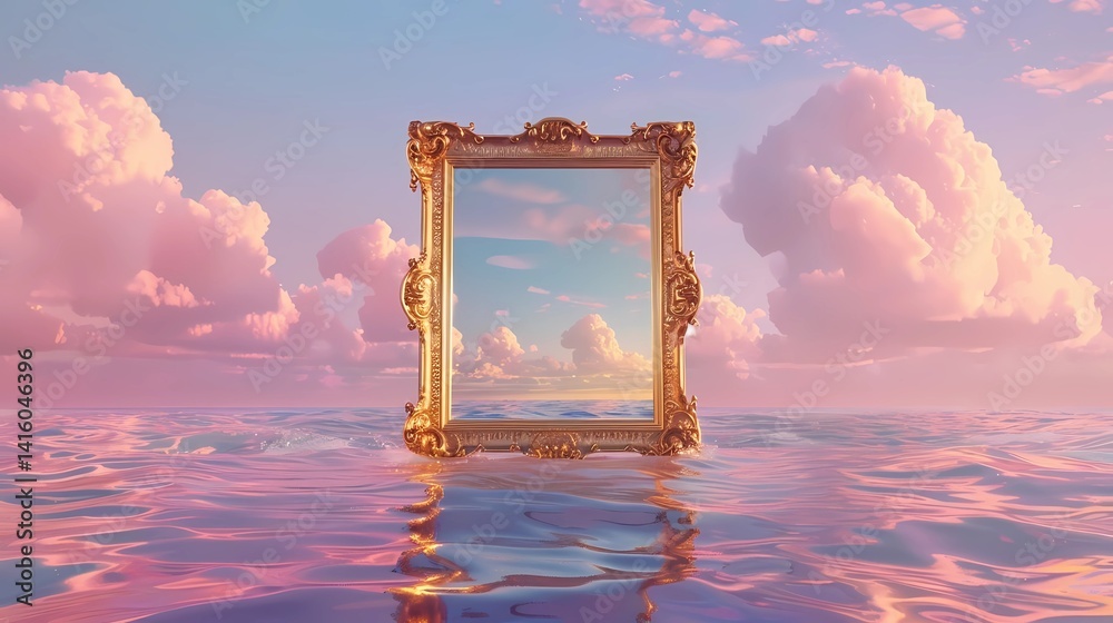 A dreamy fantasy scene, symmetrical straight on shot, empty gold baroque frame in the ocean, design mockup template, golden ratio, Generative AI illustrations.