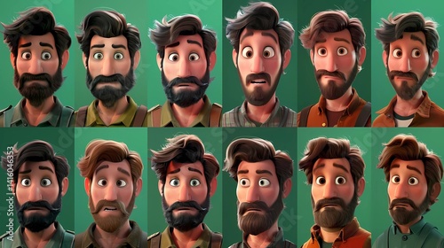 An images of the same man with different hairstyles and different beards, with a green screen background, Generative AI illustrations.