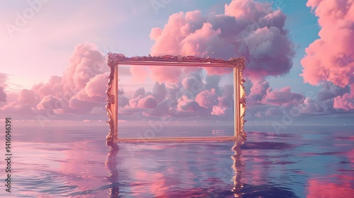 Obraz na płótnie A dreamy fantasy scene, symmetrical straight on shot, empty gold baroque frame in the ocean, design mockup template, golden ratio, Generative AI illustrations. w salonie
