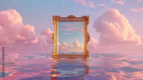 Obraz na płótnie A dreamy fantasy scene, symmetrical straight on shot, empty gold baroque frame in the ocean, design mockup template, golden ratio, Generative AI illustrations. w salonie